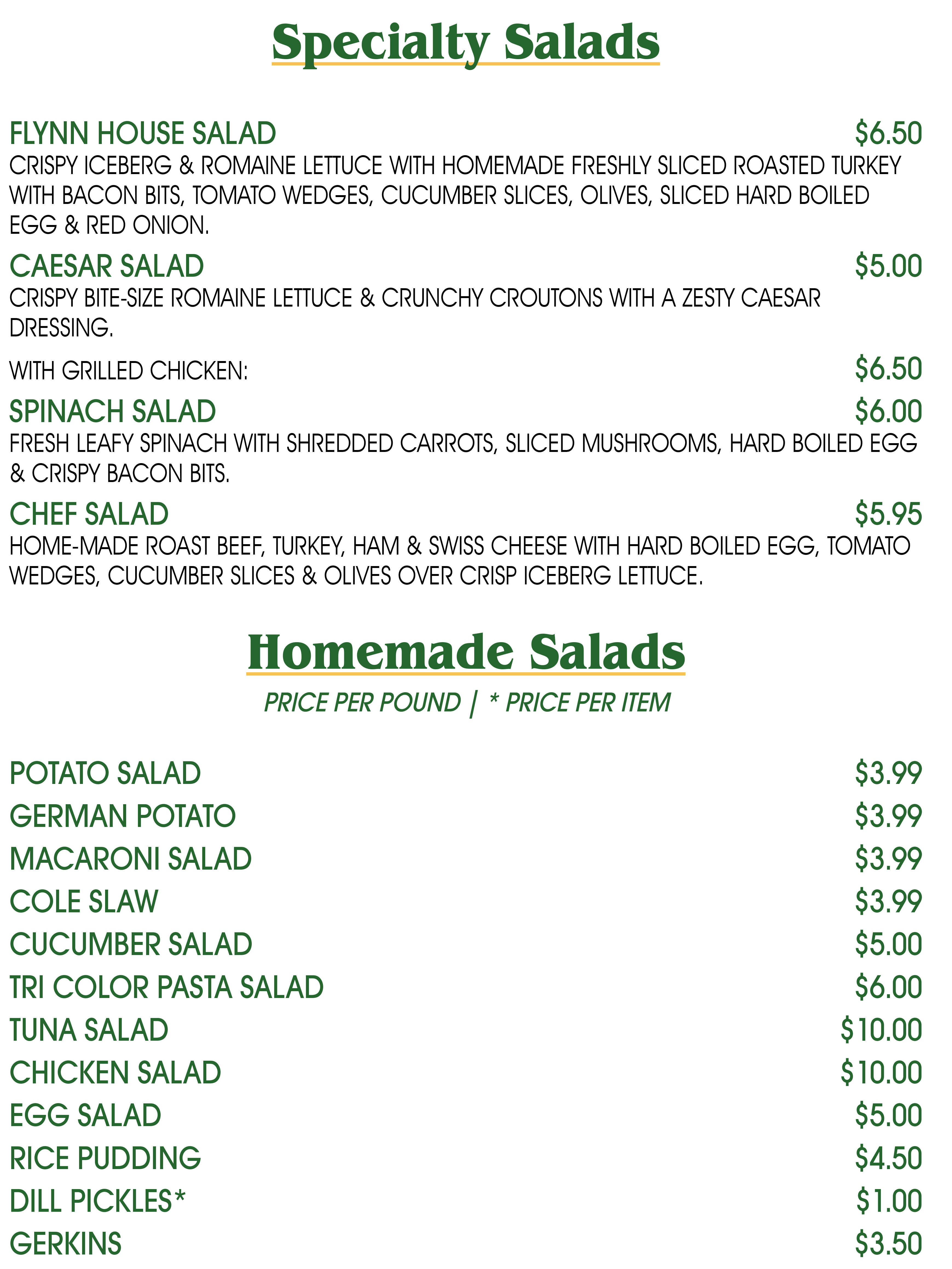 Flynn's Delicatessen Menus